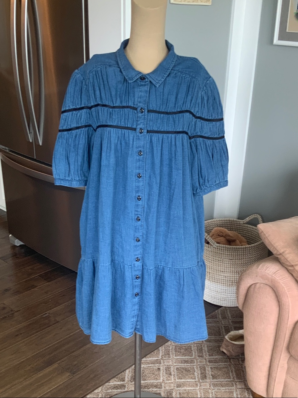 Maeve Blue Button-Front Mini Dress with Puff Sleeves